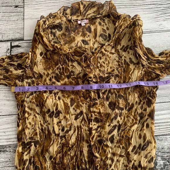 Vintage Y2K Sheer Leopard Print Flare Sleeve Ruffle V-Neck Blouse - Picture 9 of 12